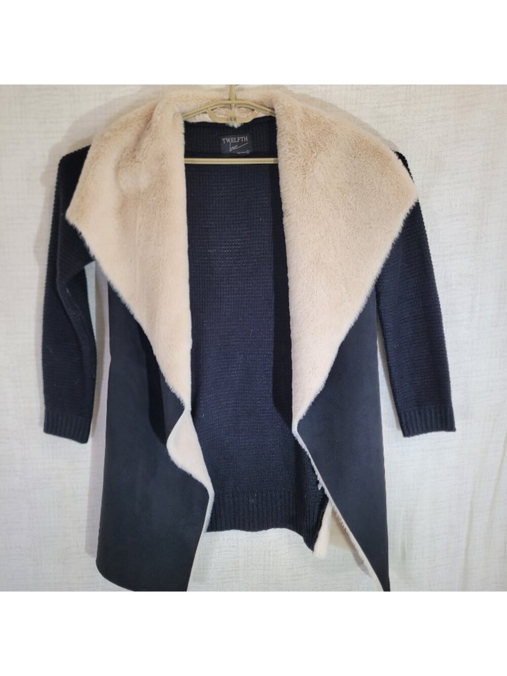 Twelfth Love Open Cardigan Womens Large Black Faux Fur Sweater Jacket